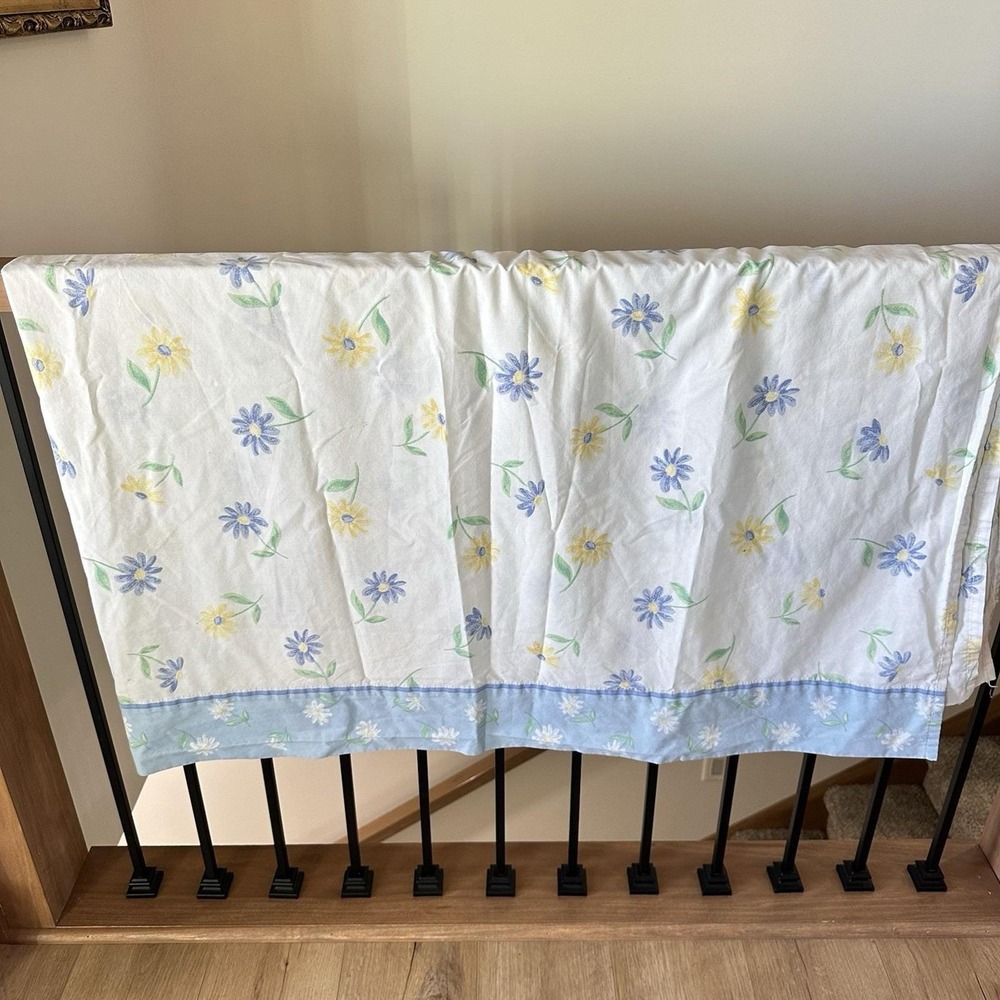 VTG Springs‎ Double Flat Sheet White Blue Yellow Daisy 90's Cotton Blend